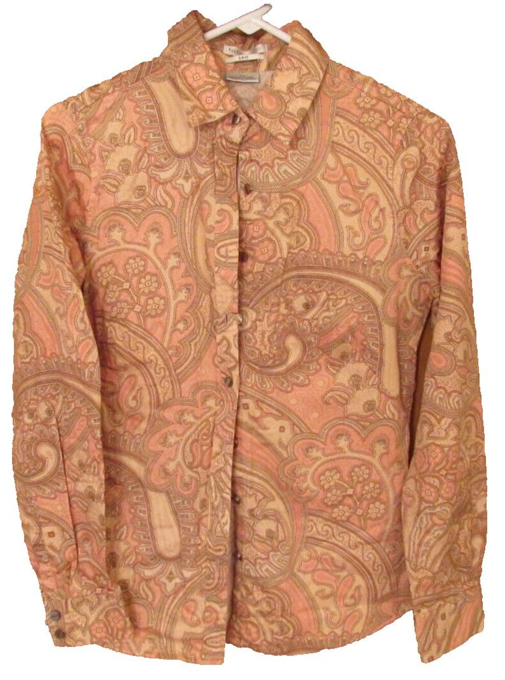 Van Heusen Studio Tan and Pink Paisley Button Up Blouse Size Small